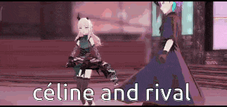 a couple of anime characters standing next to each other with the words `` celine and rival '' written on the bottom .