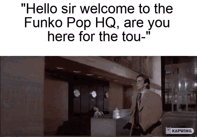 a man in a suit and tie is holding a gun in front of a building and says hello sir welcome