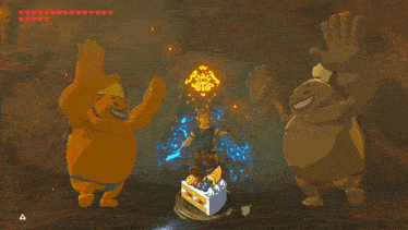 a video game scene with two monsters and two cakes with berries on them