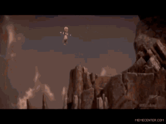 a lightning bolt strikes a rock in a dark room with a memecenter.com logo in the corner