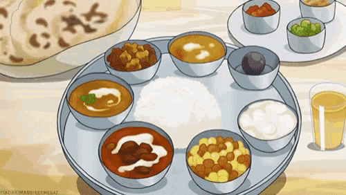 a cartoon drawing of a plate of food with a glass of orange juice in the foreground ..