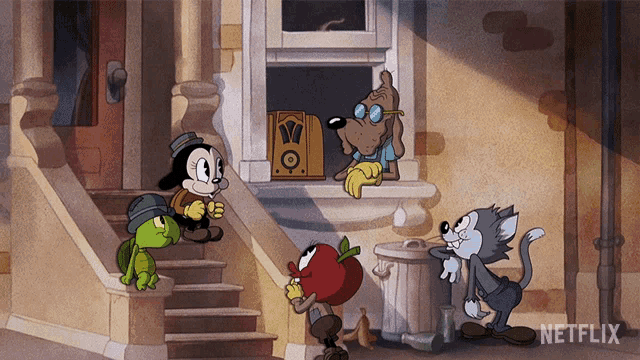 a group of cartoon characters standing outside of a building with a netflix logo on the bottom