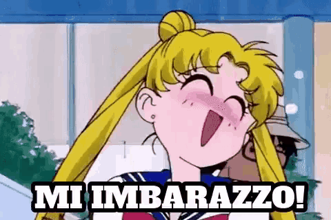 a cartoon of a girl laughing with the words mi imbarazzo in the background .
