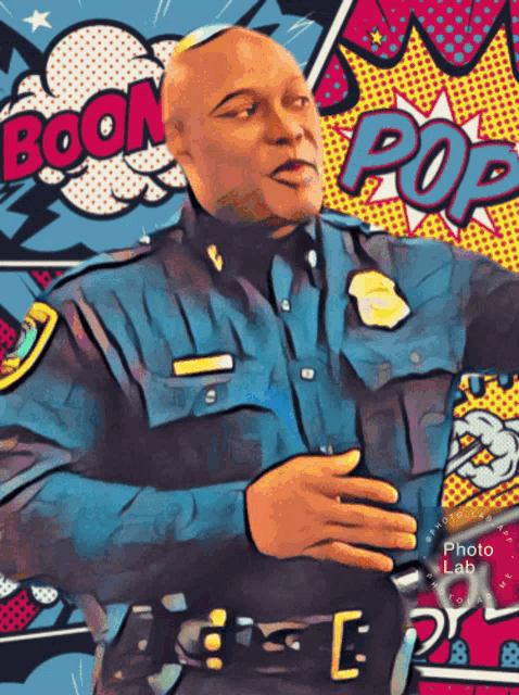 a man in a police uniform is standing in front of a pop art background that says boom pop