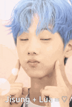 a boy with blue hair is making a face with his eyes closed and the words jisung + lua = written below him