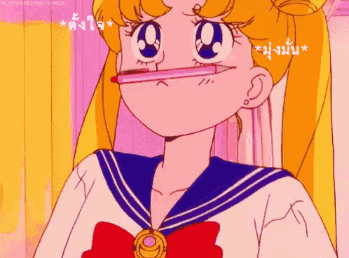 a girl in a sailor suit has a pencil in her mouth and says " i 'm sorry "
