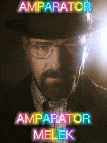 a man wearing glasses and a hat with the words amparator and amparator melek