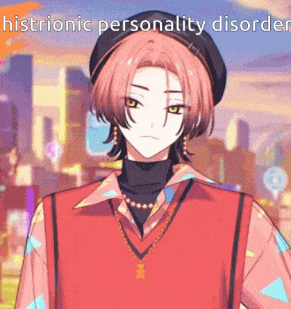 a cartoon character with histrionic personality disorder is wearing a red vest and a black hat