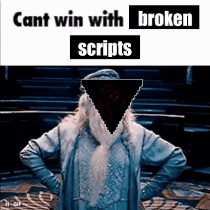 a man with a beard is standing with his hands on his hips in front of a broken script .