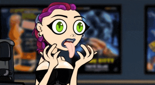 a cartoon character with purple hair and green eyes sticking out her tongue