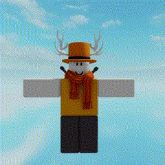 a roblox character with antlers and a top hat is flying through the air .