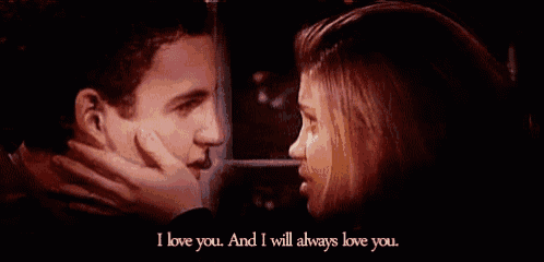 a man and a woman are looking into each other 's eyes with the words i love you and i will always love you