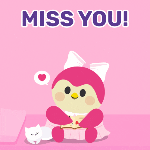 a cartoon of a bird sitting next to a white cat and the words miss you