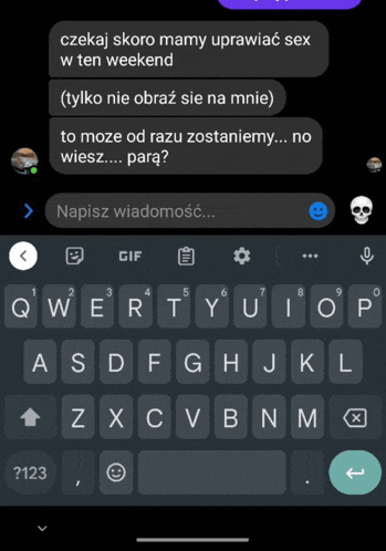 a screenshot of a text message with a skull on the bottom right