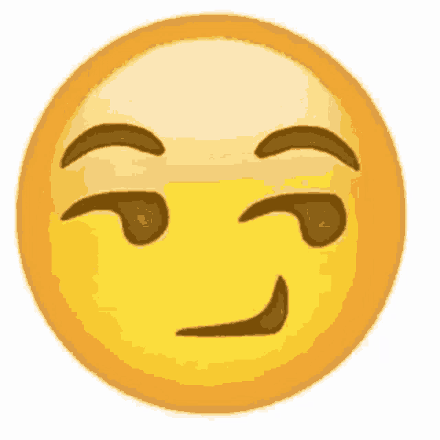 a close up of a yellow smiley face with a smirk on its face on a white background .
