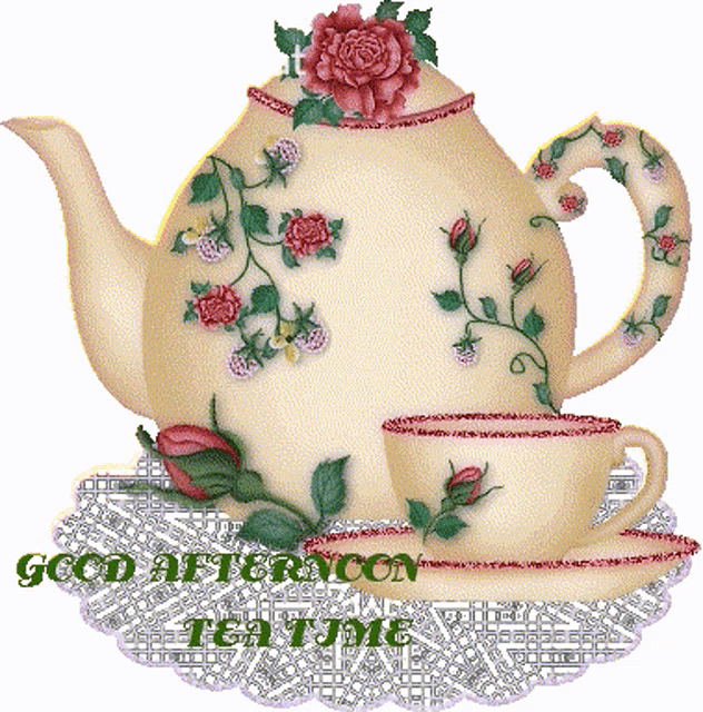 a teapot and cup with the words good afternoon tea time on the bottom