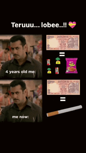 a man with a mustache is next to a cigarette and a bag of candy and a 10 rupee bill