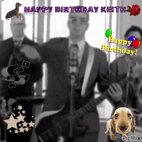 a picture of a man playing a guitar with the words happy birthday keith written above him