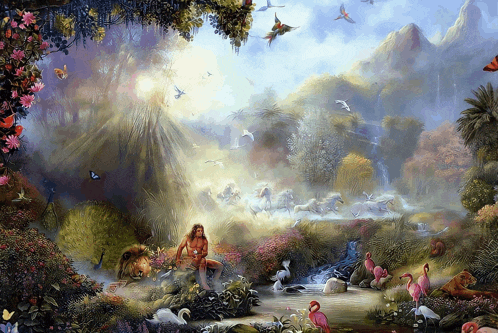 a painting of a man surrounded by flamingos and birds
