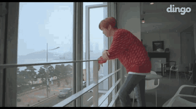 a man in a red sweater is looking out a window with dingo written on the bottom