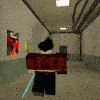 a man in a red shirt is holding a blue sword in a hallway .
