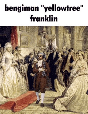 a painting of a man standing in front of a group of people with the caption " bengman yellowtree franklin "