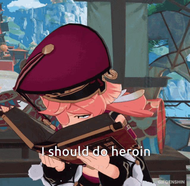 a girl in a red hat is reading a book with the words i should do heroin below her