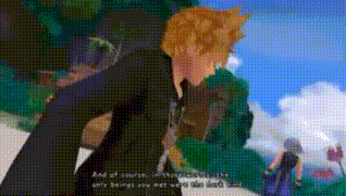 a video game character is talking to another character in a forest .