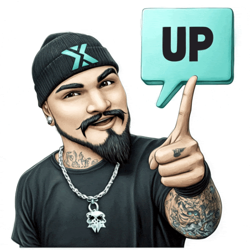 a man with a beard is giving a thumbs up and holding a speech bubble that says up