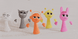 a row of cartoon characters including a cat and a bunny