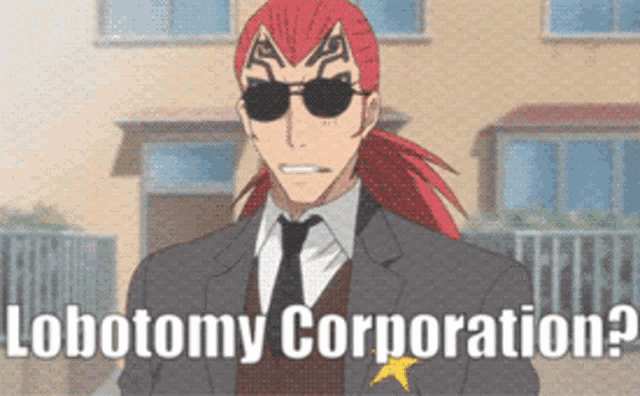 a man with red hair is wearing sunglasses and a suit and tie and the words lobotomy corporation