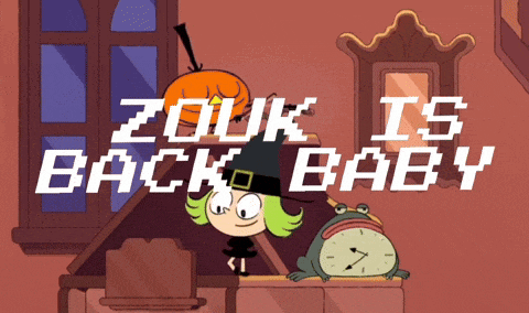 a cartoon of a frog and a pumpkin with the words " zouk is back baby "