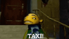 a cartoon character says taxi while standing on stairs