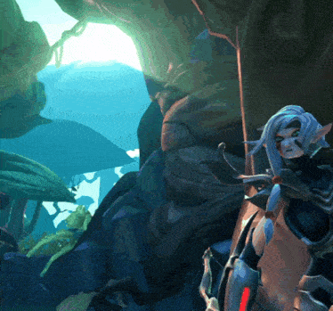 a video game character stands in a cave with a sword