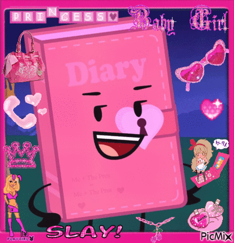 a pink diary with a face on it and the words princess baby girl