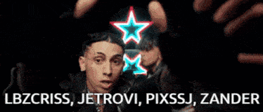 a group of people are standing around a man with the words lbzcriss jetrovi pixssj zander written on the bottom