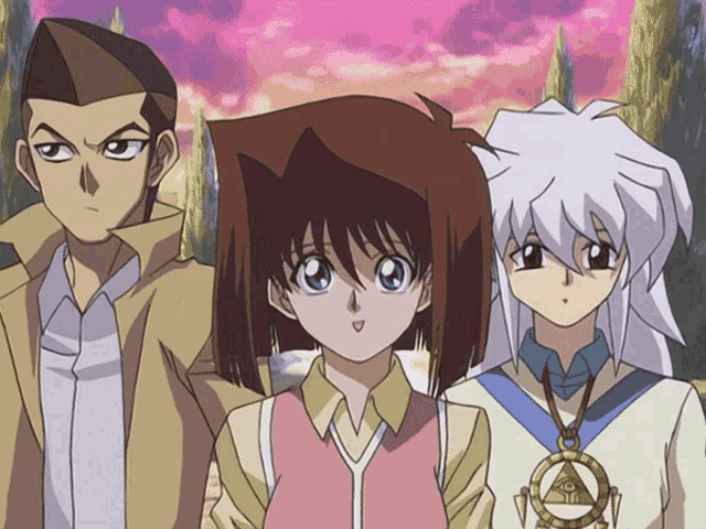 three anime characters are standing next to each other and one of them is wearing a necklace that says ' o ' on it