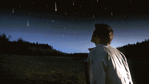 a man stands in a field looking up at the night sky