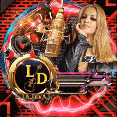 a woman in a leather jacket stands in front of a microphone with the letters ld on it