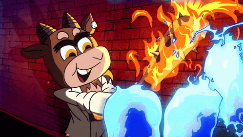 a cartoon drawing of a goat with horns and a diamond in its ear