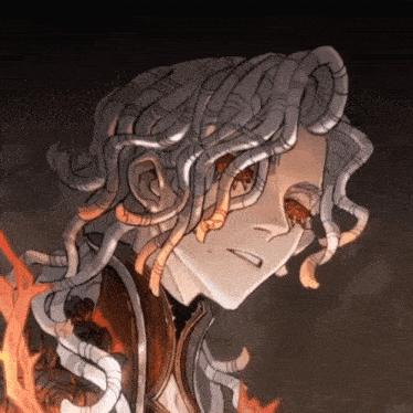a drawing of a person with a snake in their hair and a fire in the background