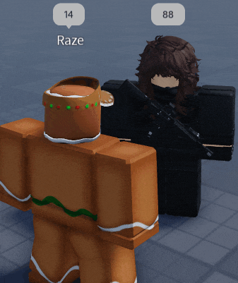 a gingerbread man is standing next to a man with a gun and the number 14 and 88 are above him