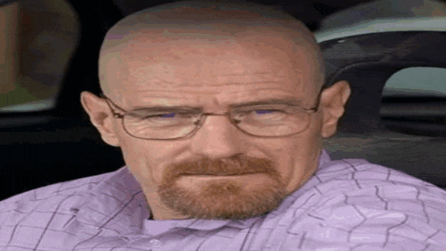 a bald man with a beard wearing glasses and a purple shirt is sitting in a car .