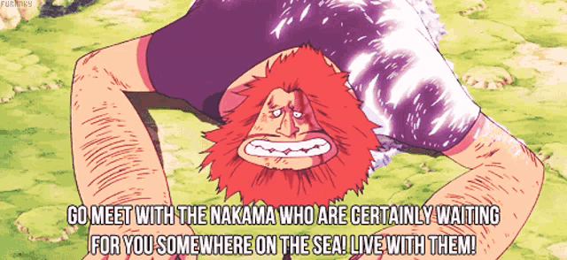 a cartoon of a man with the words go meet with the nakama who are certainly waiting for you somewhere on the sea!