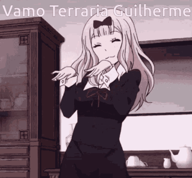 a girl in a black dress is dancing with the words vamo terraria guilherme behind her