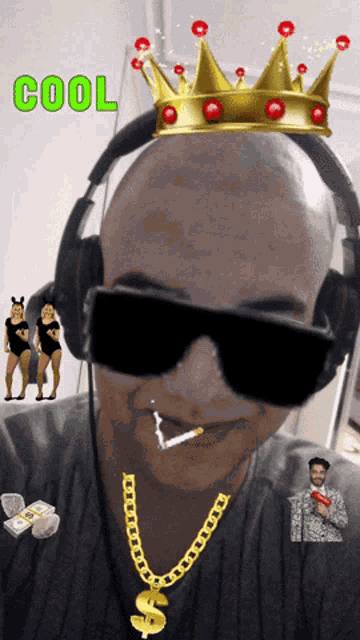 a man wearing headphones and sunglasses has a crown on his head and the word cool above him