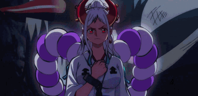 a cartoon drawing of a woman with horns and a purple and white outfit