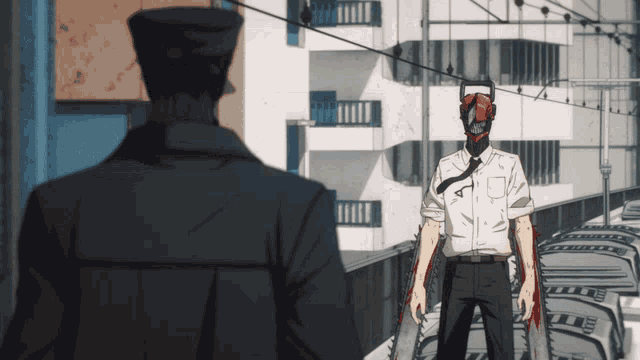 a man with a chainsaw on his head stands next to another man in a suit