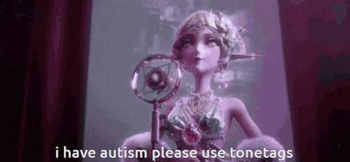 a woman is holding a microphone in her hand and says `` i have autism please use tonetags '' .