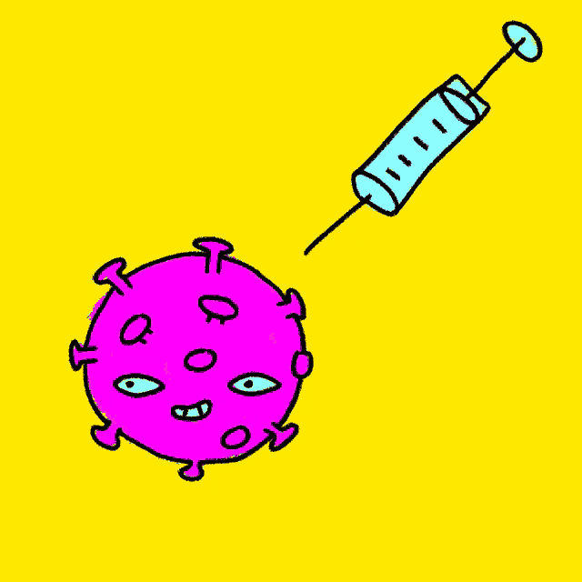 a cartoon drawing of a virus with a syringe pointing to it